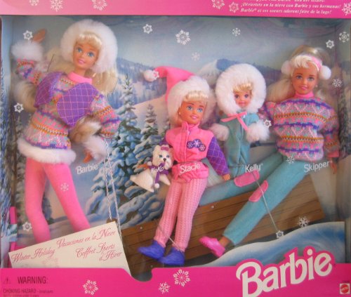 Winter Holiday BARBIE Gift Set - Sledding Fun w Barbie, Koko, Stacie, Kelly & Skipper Dolls & Dog (1995)