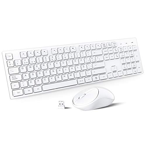 WisFox Packs de Teclado y Ratón Inalámbrico, 2.4GHz Slim Combo de Teclado y Ratón Inalámbrico Avanzado Silencioso Tamaño Completo con Receptor USB Nano para Computadora Portátil, PC, QWERTY Español