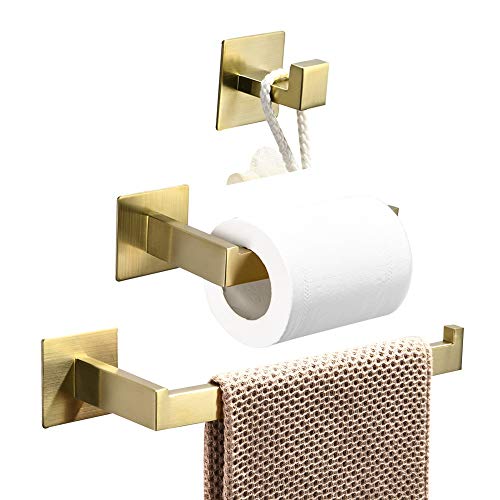 WOMAO Juego de 3 Accesorios de baño Adhesivos Que Incluye toallero, toallero, Gancho para Papel higiénico, sin taladrar, Acabado Dorado Cepillado