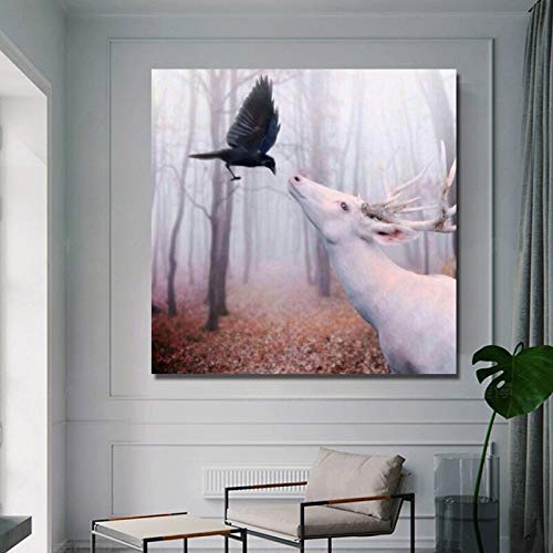 wZUN Lienzo Abstracto Pintura Ciervo pájaro imágenes de Animales decoración de la Sala Pintura Arte de la Pared Carteles e Impresiones 60x60 Sin Marco