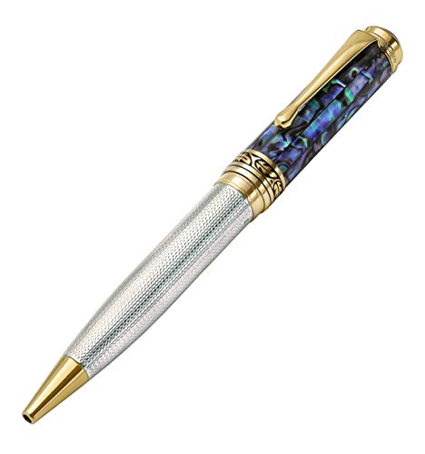 Xezo Maestro - Bolígrafo de plata de ley 925 maciza, diseño de concha marina, color azul Paua, número 2 iguales, serializado, chapado en oro de 18 quilates