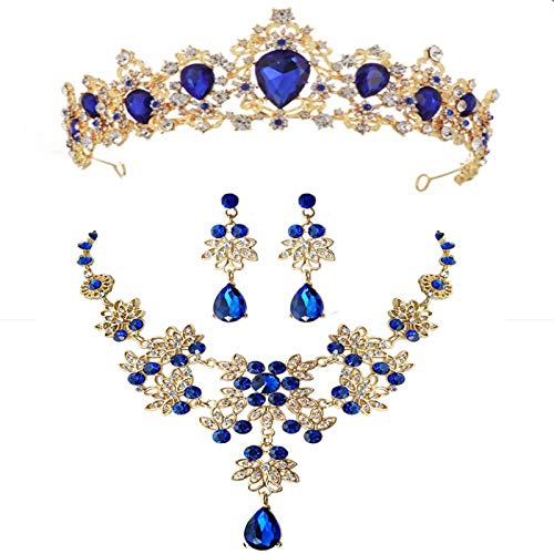 XUEKE Conjunto de joyería vintage de oro rojo verde azul cristal nupcial conjunto de collar y pendientes de tiara para boda con cuentas