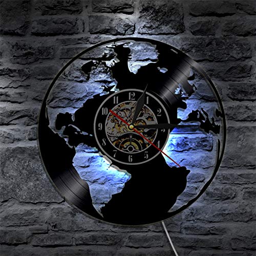 YINU Save The Earth World Map Reloj de Pared Decoración de Pared para el hogar Mapa del Mundo Regalo ecológico para Maestros Reloj de Pared con Registro de Vinilo del Día de la Tierra