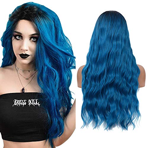 YMHPRIDE Peluca rizada natural azul Ombre para mujeres con raíces oscuras Peluca sintética de parte media ondulada larga para disfraz de fiesta de Halloween 22 pulgadas