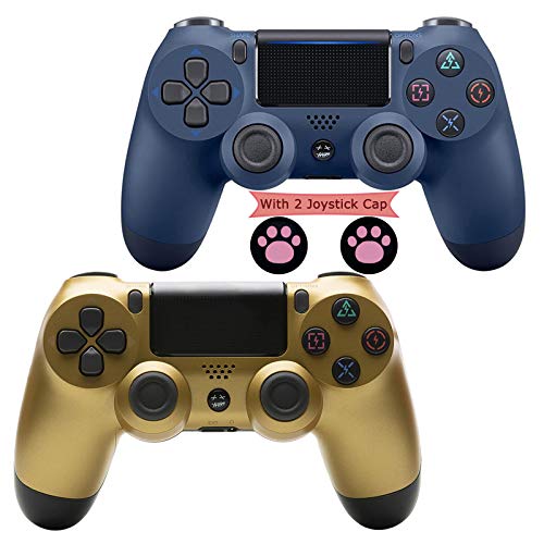YQA Controlador Inalámbrico para Playstation 4, Gamepad Consola de Juegos PS4 Bluetooth Control Inalámbrico VibracióN Dual (con Tapas de Joystick de 2 Piezas),A Style Gold & Midnight Blue