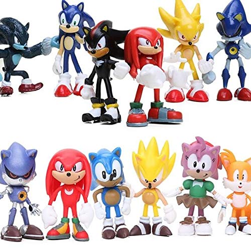 YUNMEI Figura de Sonic 12 Piezas Sonic Figuras de Juguete Sonic The Hedgehog Shadow Knuckles Tails Amy Super Sonic PVC Figura de acción Modelo muñecas Juguetes para niños