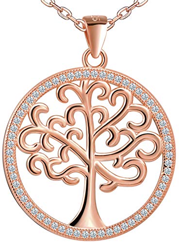 ZIRKONIA Colgante Arbol de la Vida 25 mm. Plata de Ley, Chapado Oro Rosa y Circonitas Grado de Calidad AAA (Colgante) y Caja Joyería