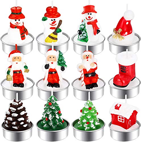 12 Piezas Velas Candelita de Navidad Velas de Sombrero de Santa, Muñeco de Nieve, Piñas, Árbol de Navidad, Casa, Zapatos, Papá Noel Delicado Hecho a Mano, Decoración Casa Navidad