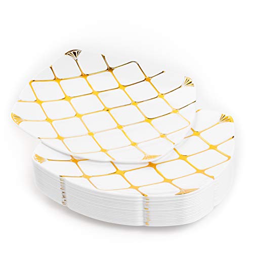 20 Platos de Plástico Duro Blanco con Patrón Dorado, 25cm - Elegante, Resistente y Reutilizable.