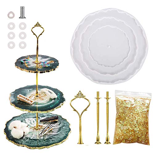 3 Layer Irregular Tray Resin Mold FHYT Cupcake Stand Resin Tray Molds with Gold Foils &3 Tie Plate Stand Fitting Round Casting Silicone Mould for Making Dessert Platter Stand Home Party Decoration DIY