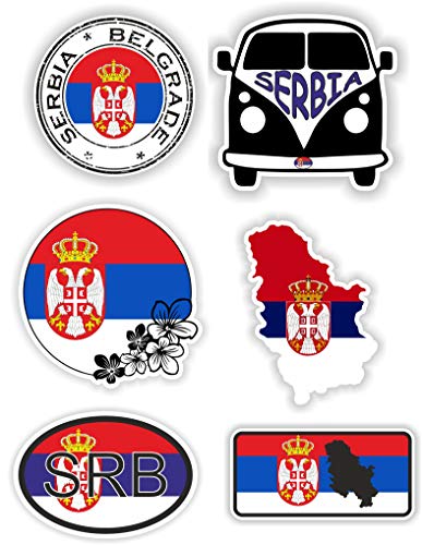 6 pegatinas de vinilo Serbia impermeables, cada pegatina mide aproximadamente 10 cm.