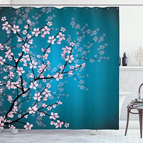 ABAKUHAUS japonés Cortina de Baño, Patrón Sakura Bloom, Material Resistente al Agua Durable Estampa Digital, 175 x 200 cm, Gasolina Azul pálido Rosa