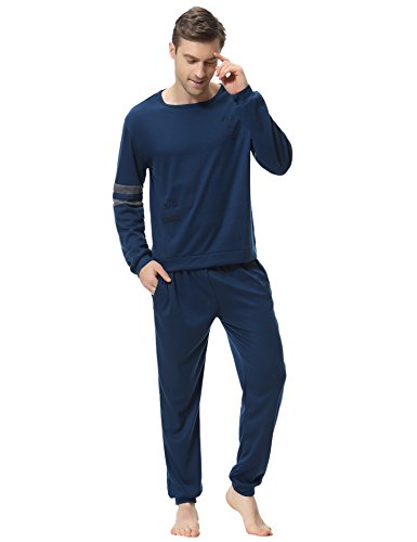 Aibrou Clásico Pijamas Hombre Invierno Algodon Mangas Pantalones Largos Set, Suave,Cómodo (Azul Oscuro, Medium)
