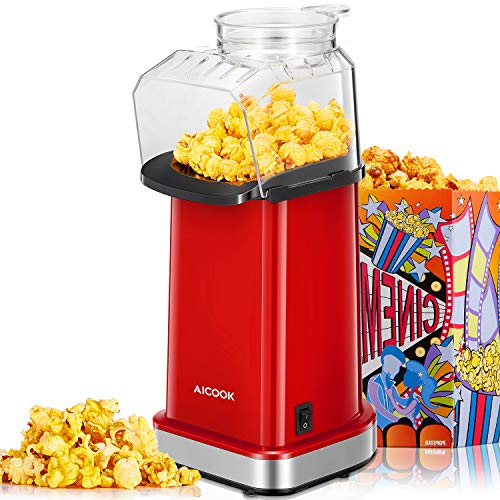 Aicook Palomitero, 1400W Maquina de Palomitas con Aire Caliente Sin Grasa Aceita, Tapa Removible, Fácil de Usar, Rojo