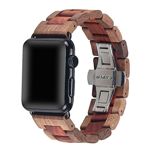 AIYIBEN Correa de reloj de madera 42mm/44mm con hebilla de mariposa de acero inoxidable compatible para iWatch Series 1 2 3 4 5 (Sándalo rojo nogal)