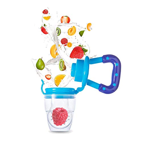Alimentador de alimentos para bebés Chupete de frutas - Yisscen Chupete para alimentos frescos con 3 tamaños diferentes Reemplazo de pezones de silicona (S, M, L) - Juguete para niños Dentición (Azul)