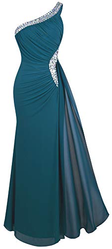 Angel-fashions - Vestido de noche suave con un hombro, con volantes y cinta para mujer - Verde - XX-Large Angel-fashions - Vestido de noche suave con un hombro, con volantes y cinta para mujer - Verde - XX-Large