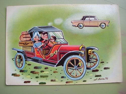 Antigua postal - Old postcard : Coches antiguos y El Seat 1500. Dibujo de Barbeito Antigua postal - Old postcard : Coches antiguos y El Seat 1500. Dibujo de Barbeito