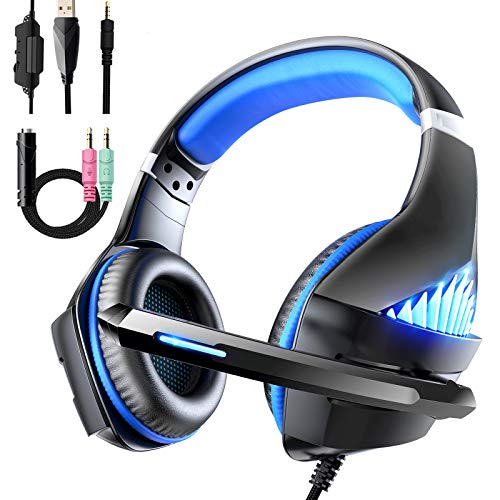 Auriculares para juegos PS4 con luz LED estéreo para juegos con orejeras de memoria suave y micrófono con cancelación de ruido para videojuegos, juegos de PC (azul)