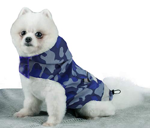 Babydog Abrigo Chaleco Impermeable para Perro con Capucha, Forro Transpirable y Sin Mangas, Cierre Velcro, Bolsillo Espalda, Modelo Camuflaje Militar (S, Azul)