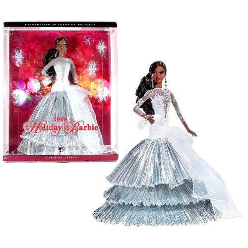 Barbie Collector Series "Celebrating 20 Years of Holidays" 12 Inch Doll - Holiday Barbie 2008 with White Evening Gown, Chandelier Earrings, Shoes and Display Stand (African American Version - L9644) by Mattel