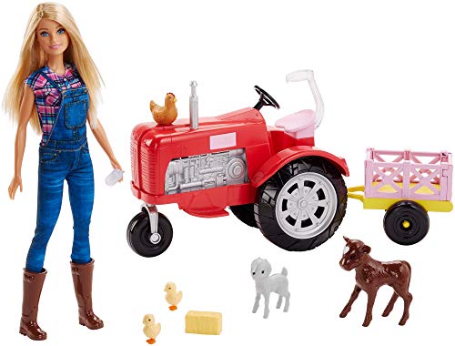 Barbie Quier Ser granjera, muñeca con accesorios, tractor y animales (Mattel FRM18)