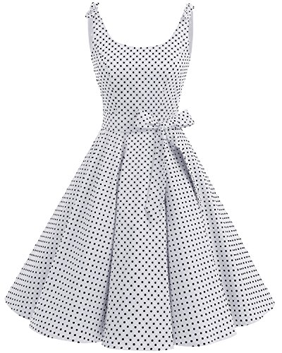 Bbonlinedress Vestidos de 1950 Estampado Vintage Retro Cóctel Rockabilly con Lazo White Black Dot M