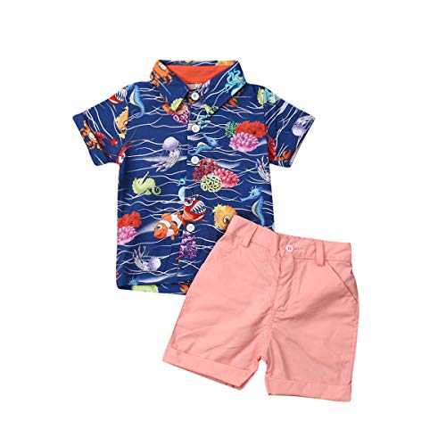 Bebé Niño Traje de 2 Piezas Conjunto Top Camisa de Manga Corta Pantalón Corto Camiseta con Estampado Infantil Ropa Verano de Playa para Vacaciones (Oceano, 3-4 Años)