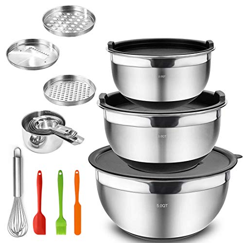 Benooa Juego de Cuencos para Mezclar de Acero Inoxidable,Fondos Antideslizantes,Cuencos para Anidar, Cucharas Medidoras, 3 Accesorios para Rallador Ideal para Mezclar y Servir (11Pack) Benooa Juego de Cuencos para Mezclar de Acero Inoxidable,Fondos Antideslizantes,Cuencos para Anidar, Cucharas Medidoras, 3 Accesorios para Rallador Ideal para Mezclar y Servir (11Pack)