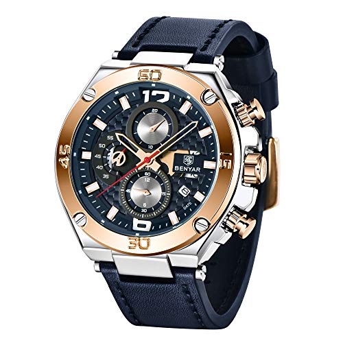 BENYAR Relojes de Pulsera Casual Deportivo Cuarzo analógico Reloj Cronógrafo Impermeable Cuero Pulsera para Hombres