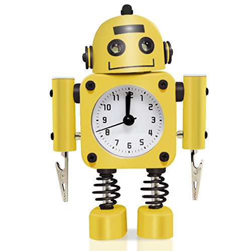 Betus Reloj Despertador con Robot sin tictac Fabricado en Metal a Prueba de Herrumbre - Reloj Despertador con Ojos parpadeantes y Clip para la Mano (Amarillo)