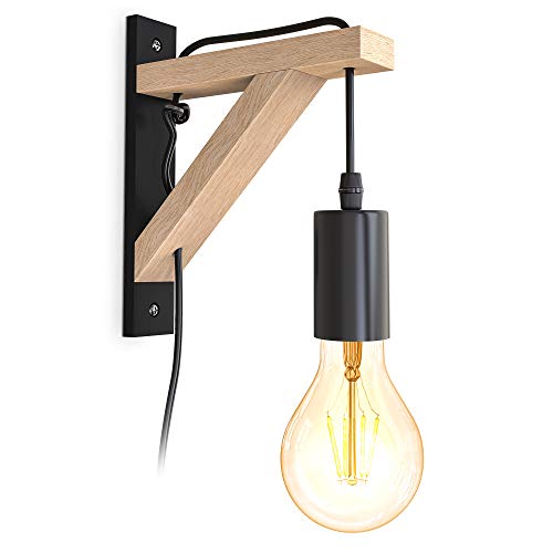 B.K.Licht I lámpara de pared de madera I madera natural negra I 2,5 m de cable interruptor I E27 I 1 llama I sin bombilla