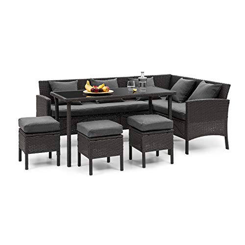 blumfeldt Titania Comedor para Exteriores - Conjunto con Esquina, 5 Piezas: sofá esquinado, Mesa y 3 taburetes, 7 Asientos, Cojín Acolchado de 8 cm, Incluye Funda Gris Oscuro, Ratán: Negro blumfeldt Titania Comedor para Exteriores - Conjunto con Esquina, 5 Piezas: sofá esquinado, Mesa y 3 taburetes, 7 Asientos, Cojín Acolchado de 8 cm, Incluye Funda Gris Oscuro, Ratán: Negro