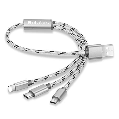 Bolatus [30cm/1FT 2Pack] 3 en 1 Cable de Carga, Multi USB Cable Universal Múltiple Cable Cargador de Nylon Trenzado Micro USB Tipo C Compatible para Phone XS Samsung Galaxy Huawei Andriod - Plata