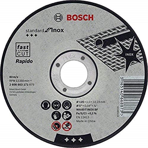 Bosch 2 608 603 171 - Disco de corte recto Standard for Inox - Rapido - WA 60 T BF, 125 mm, 22,23 mm, 1,0 mm (pack de 1)