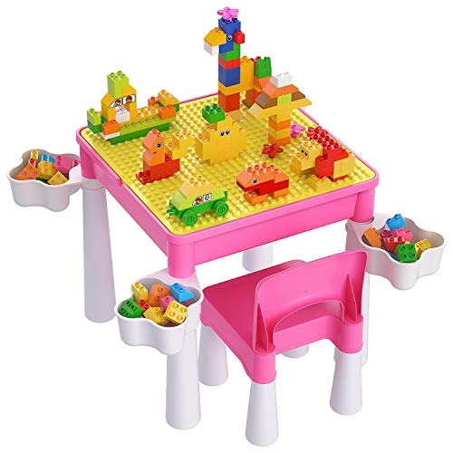 burgkidz Juego de Mesa y Silla Infantil, Mesa de Actividades Construccion y Silla con 128 Piezas Juguetes de Creativos Grandes Clásicos para Niñas, Rosa