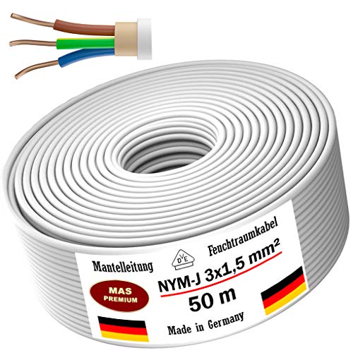 Cable de alimentación para ambientes húmedos, 5, 10, 15, 20, 25, 30, 35, 40, 50, 75, 80 o 100 m, NYM-J 3 x 1,5 mm², cable eléctrico anillo para instalación fija (50 m)