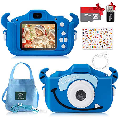 Cámara Fotos Digital para Niños, Cámara Digital Infantil Selfie con Tarjeta TF 32GB, Pantalla HD 1080P 2’’, Lector de Tarjetas, Pegatinas DIY y Bolsa, Juguete Regalo para Niñas y Niños de 3 a 12 Años