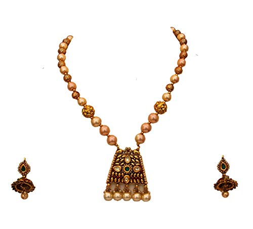 Caratyogi Juego de collar de perlas deslumbrantes con pendientes Jhumki chapados en oro de 18 quilates, cristal adornado indio, hecho a mano, joyería de boda para mujeres y niñas