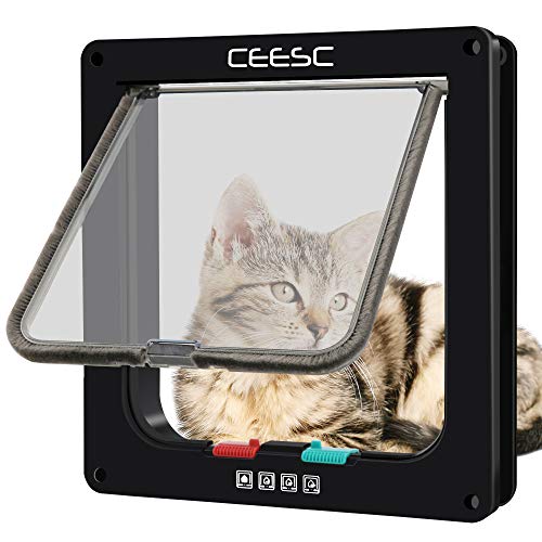 CEESC Puerta magnética para Mascotas con Puerta abatible y Cerradura de 4 vías para Gatos, Gatitos y Perro Perrito (L, Negro)