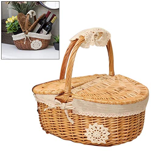 Cesta de Picnic de Mimbre, Hecha a Mano, Cesta de Almacenamiento, Cesta de Picnic Cesta de Picnic de Mimbre Hecha a Mano para Acampar Cesta de la Compra con Tapa y asa de Madera