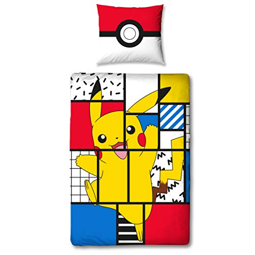Character World Pokémon Pikachu - Juego de cama infantil (135 x 200 cm y 80 x 80 cm, 100% algodón), diseño de Pokémon Pikachu