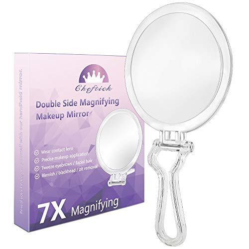 Cheftick Espejo de Mano de Doble Cara - 1X & 7X Espejo de Aumento de Viaje para Maquillaje con Asa Ajustable, Portátil, Transparente & Redondo (6")