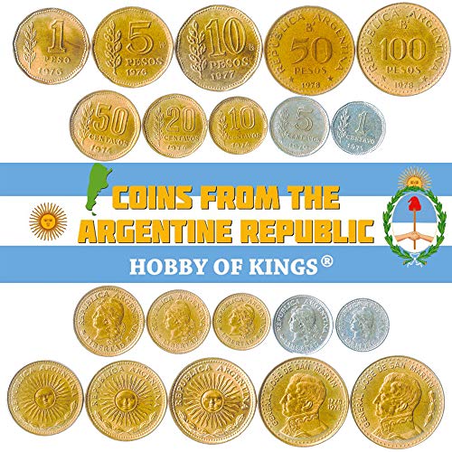 Conjunto de 10 Monedas de Argentina. 1, 5, 10, 20, 50 Centavos, 1, 5, 10, 50, 100 Pesos. 1970-1981 Conjunto de 10 Monedas de Argentina. 1, 5, 10, 20, 50 Centavos, 1, 5, 10, 50, 100 Pesos. 1970-1981