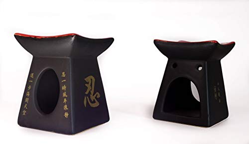 Conjunto de 2 Quemadores de Aceites Esenciales de Cerámica con Motivos Japoneses - Zen. Incluye 2 Velas / 7,5x10cm