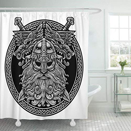 Cortina de ducha circular con diseño de lobo y espadas en el anillo celta vikingo, guerrero bárbaro enojado, juego de ganchos, cortina de poliéster impermeable