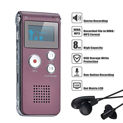 Covvy Grabadora de Voz Dictáfono LCD USB Grabadora de Voz Digital Profesional Portátil Reproductor MP3 de Larga Duración Batería Recargable-8GB (Vino rojo)