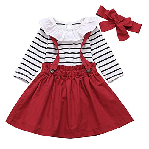 DaMohony Conjunto de ropa de bebé niña de manga larga a rayas con tirantes, falda, diadema, juego de 3 faldas para niña