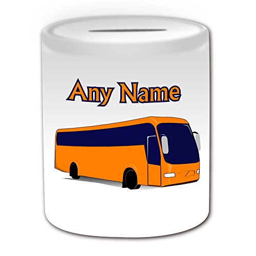 De regalo con mensaje personalizado - Tour hucha de autobús de dos pisos (diseño de transporte, blanco) - el nombre/mensaje en el diseño de - vehículo de forma entrenador zonas City National Express