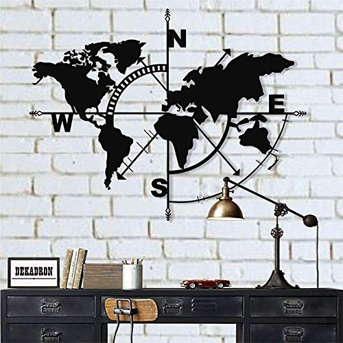 DEKADRON Mapa del mundo de metal – Weltkarte – Silueta de pared 3D de metal para decoración de pared del hogar, oficina, dormitorio, sala de estar, escultura (negro, 140 x 104 cm)